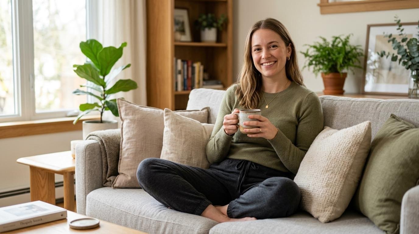 Woman relaxing on a sofa with a cup of tea, ready to learn how to reduce belly fat without exercise