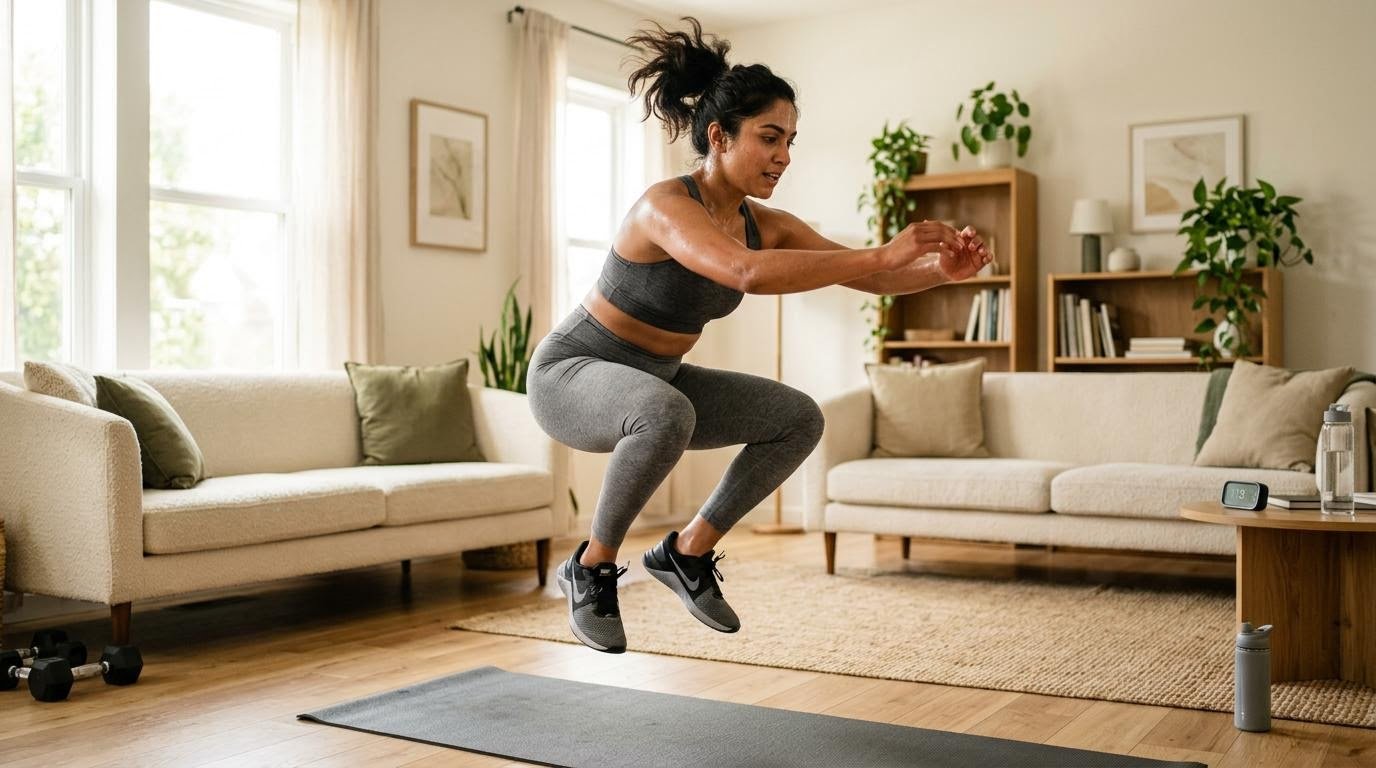 woman mid-jump performing a squat jump as part of an intense cardio workouts at home circuit