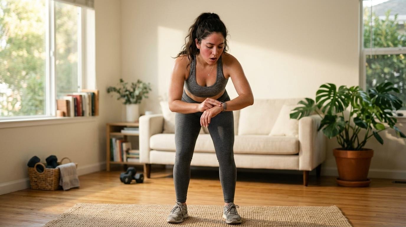 woman checking her pulse after a session of intense cardio workouts at home