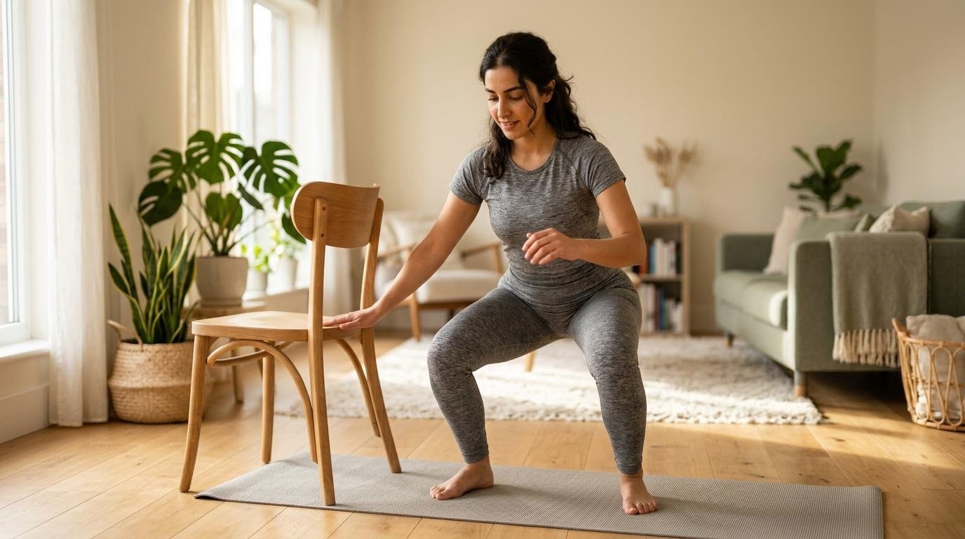 woman demonstrating a modified low-impact squat pulse variation of intense cardio workouts at home