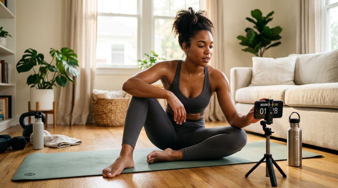 woman sitting on the floor checking a phone timer during a rest interval between rounds of intense cardio workouts at home