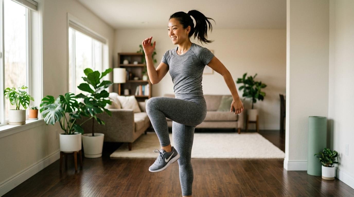 intense cardio workouts at home demonstrated by a woman doing a high-knee march warmup in her sunlit living room