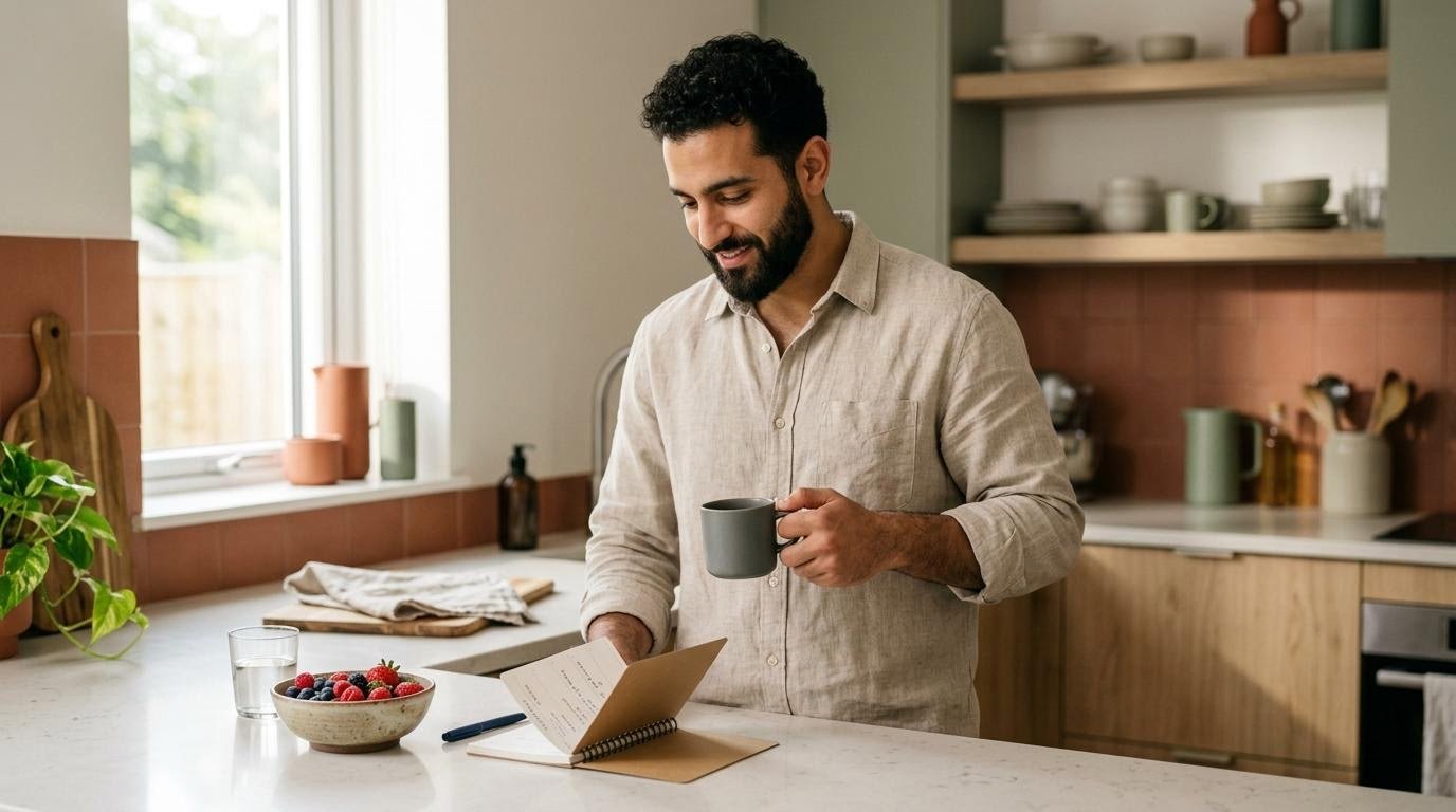 Man planning his eating window on a kitchen counter for intermittent fasting 16/8