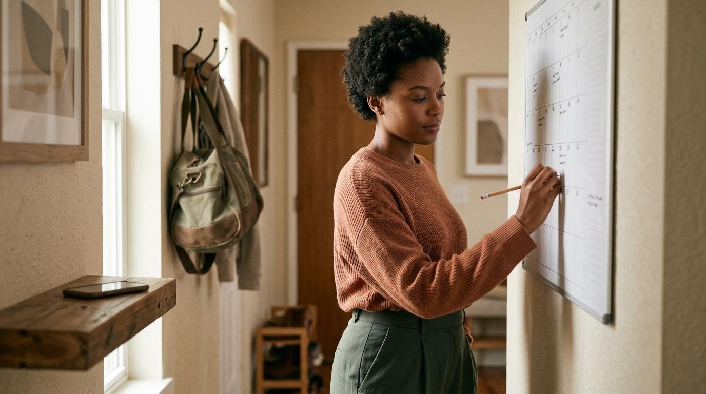 Woman marking an intermittent fasting eating schedule on a wall calendar at home