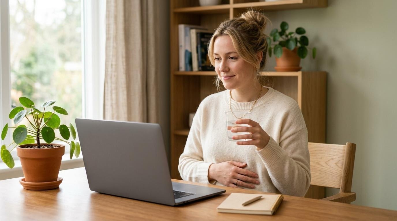 Woman pausing at her desk with a glass of water to manage intermittent fasting hunger pangs