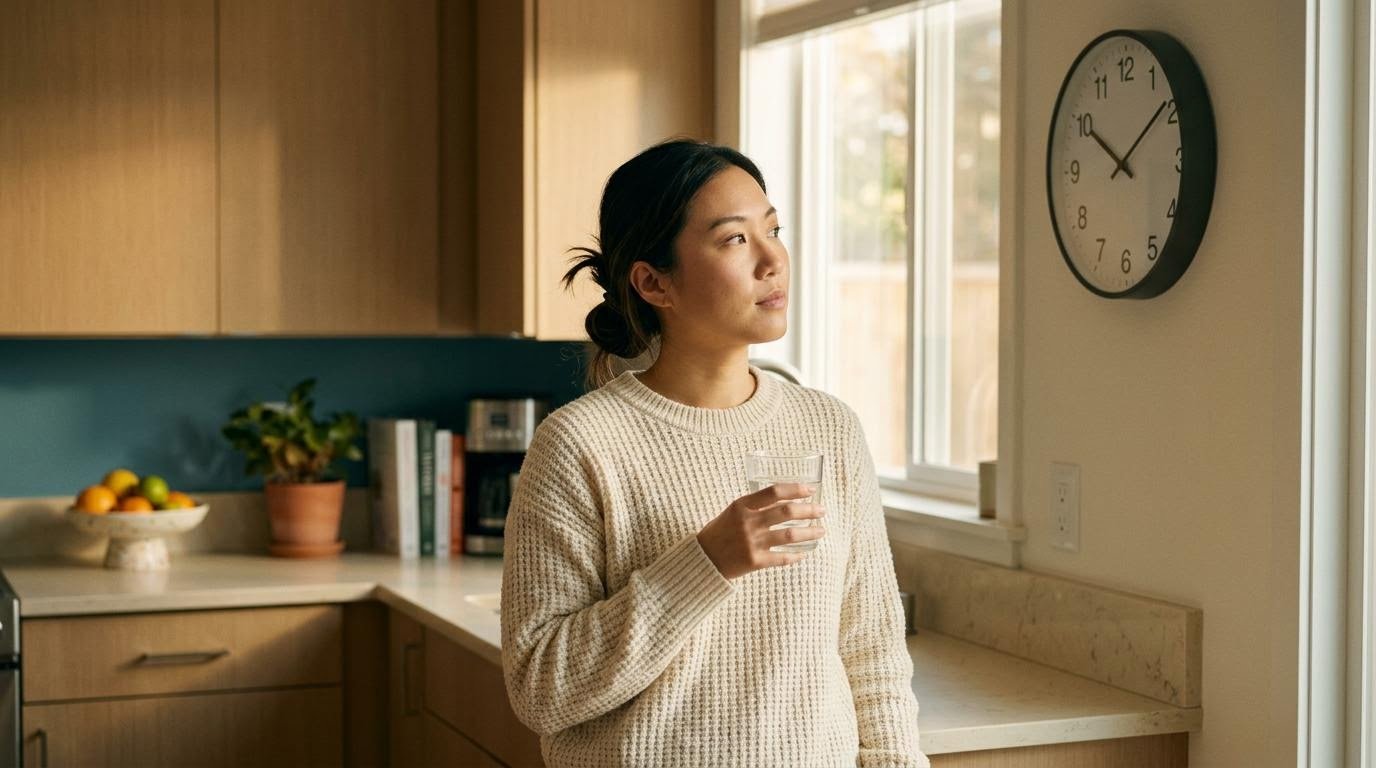 intermittent fasting schedule eating window shown by a woman checking a kitchen clock while holding a glass of water
