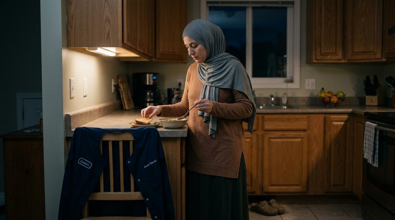intermittent fasting schedule for a night shift worker eating a small meal in a dim kitchen before her shift
