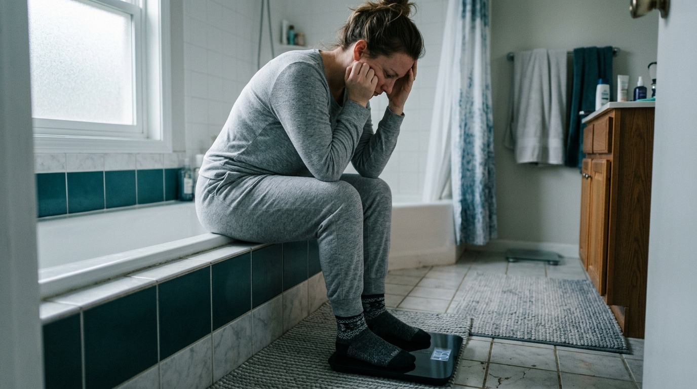 Frustrated person looking at a stalled bathroom scale during an intermittent fasting plateau