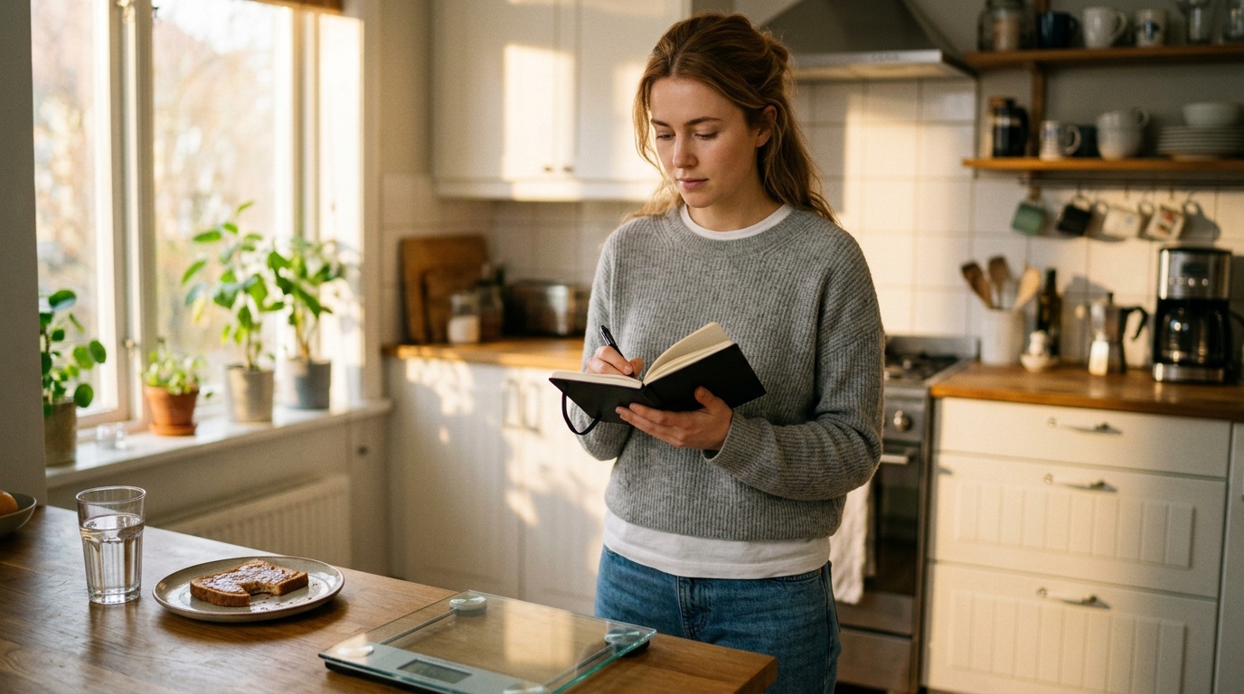 Woman reviewing her intermittent fasting weight loss results on a scale and journal in a bright kitchen