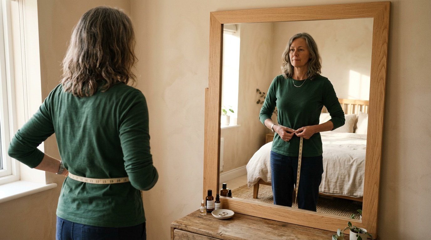 woman measuring waist circumference to track menopause belly fat while practicing intermittent fasting for women over 50