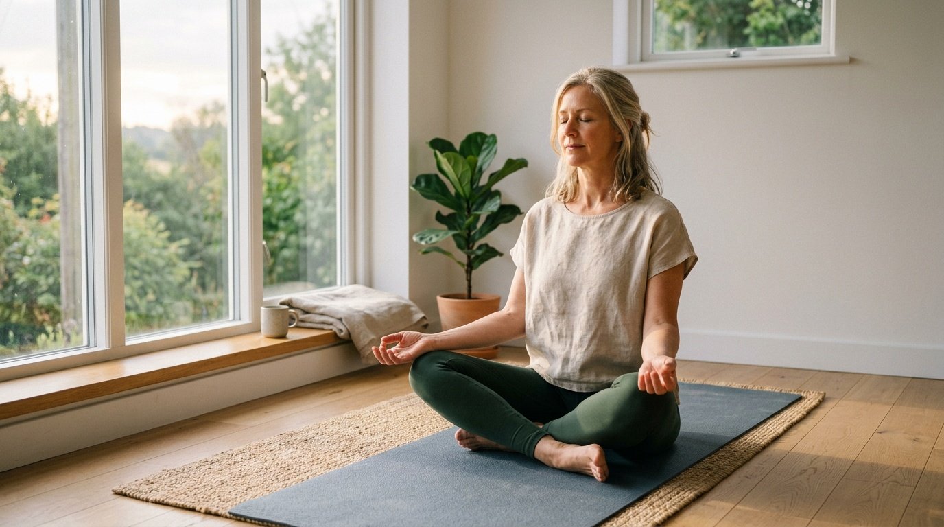 woman practicing a calm morning routine to manage cortisol while doing intermittent fasting for women over 50