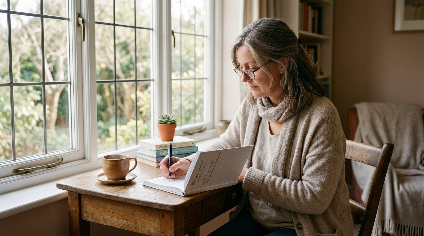 woman reviewing a symptom journal reflecting hormonal changes relevant to intermittent fasting for women over 50