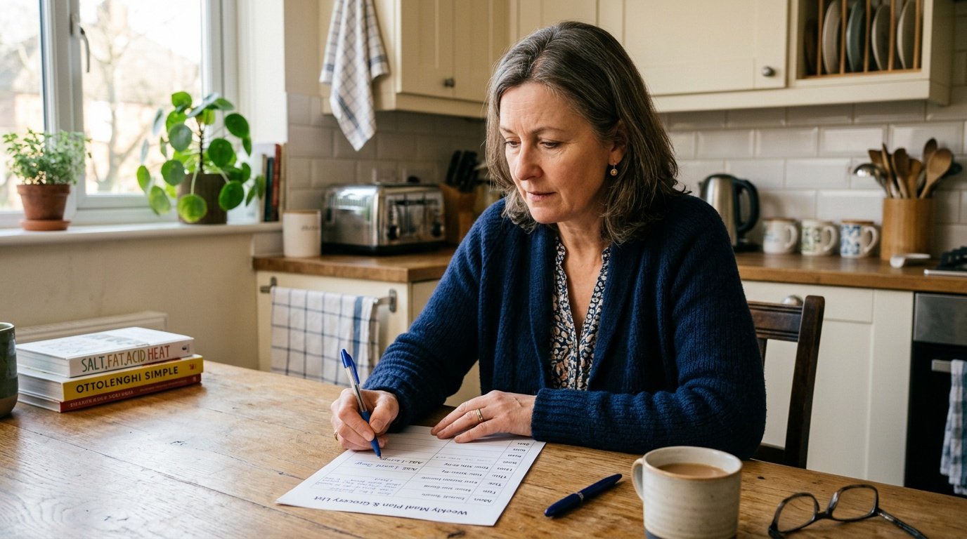 woman reviewing a meal plan to avoid common intermittent fasting for women over 50 mistakes