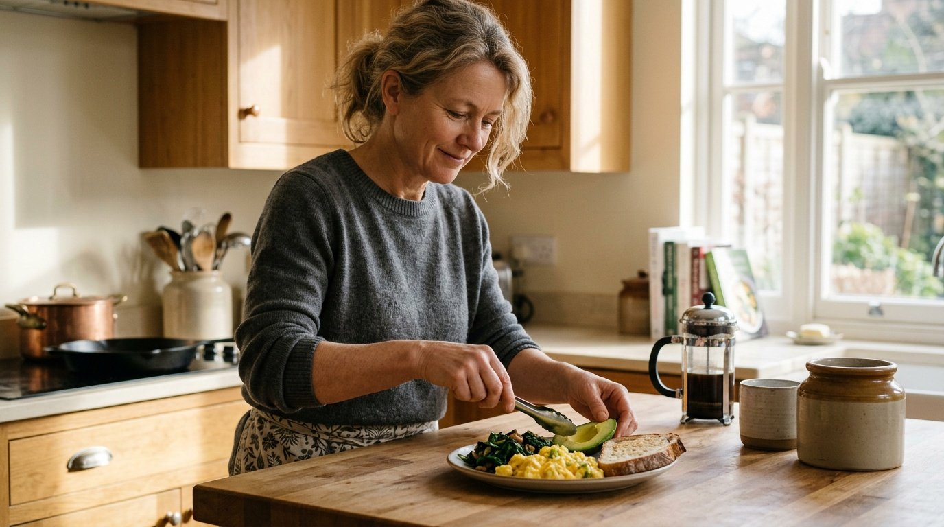 intermittent fasting for women over 50 shown as a woman preparing her first meal within an eight hour eating window in a sunlit kitchen
