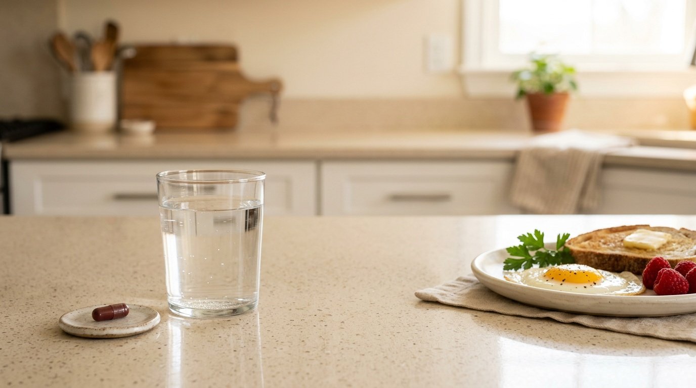iron supplement capsule and glass of water set apart from a breakfast plate on a kitchen counter