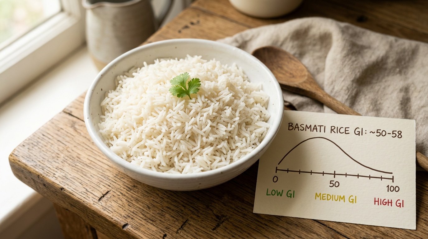 is basmati rice fattening glycemic index chart shown next to a bowl of steamed basmati rice