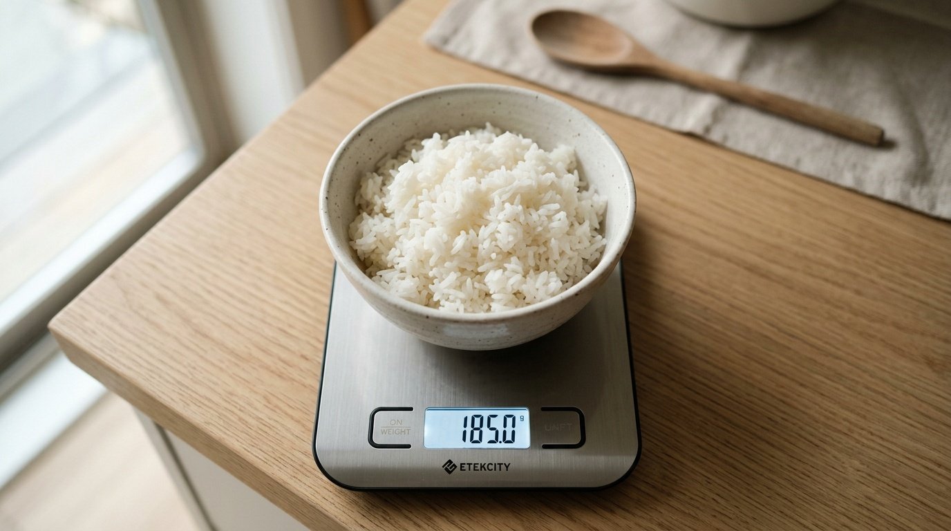 a bowl of steamed rice next to a kitchen scale, illustrating the question is rice bad for weight loss