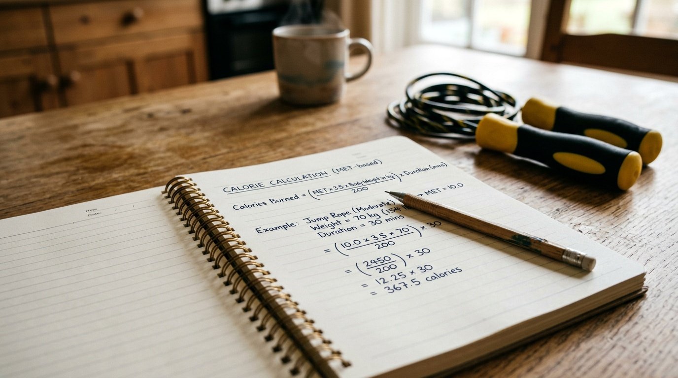 Notebook showing the MET-based calorie calculation formula used in a jump rope calorie calculator