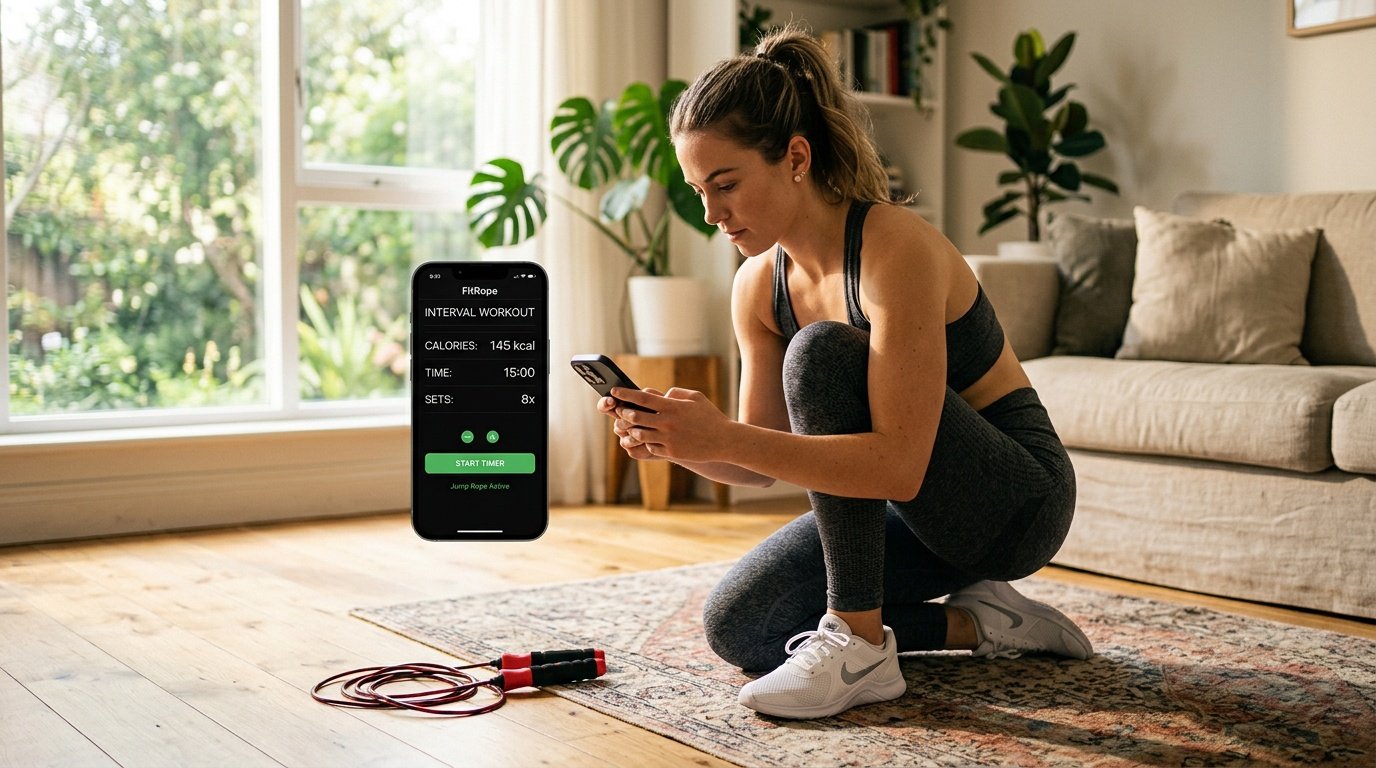 Young woman using a jump rope calorie calculator app on her phone before starting an interval timer