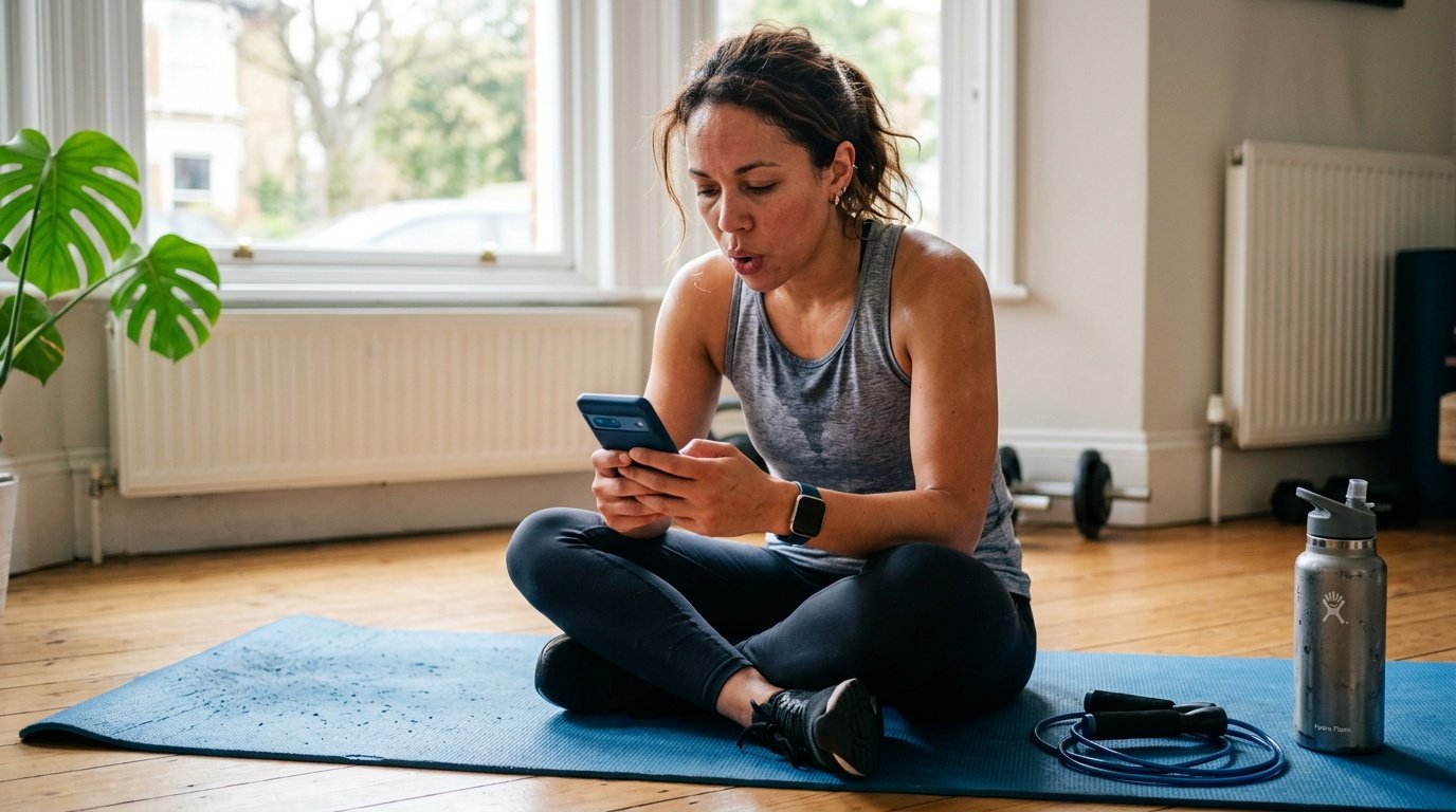 Person reviewing calorie tracking data on a fitness app after a jump rope session