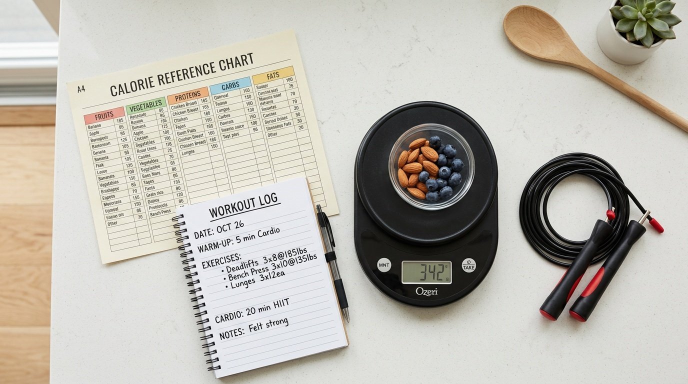 jump rope calorie calculator reference chart shown next to a kitchen scale and workout log