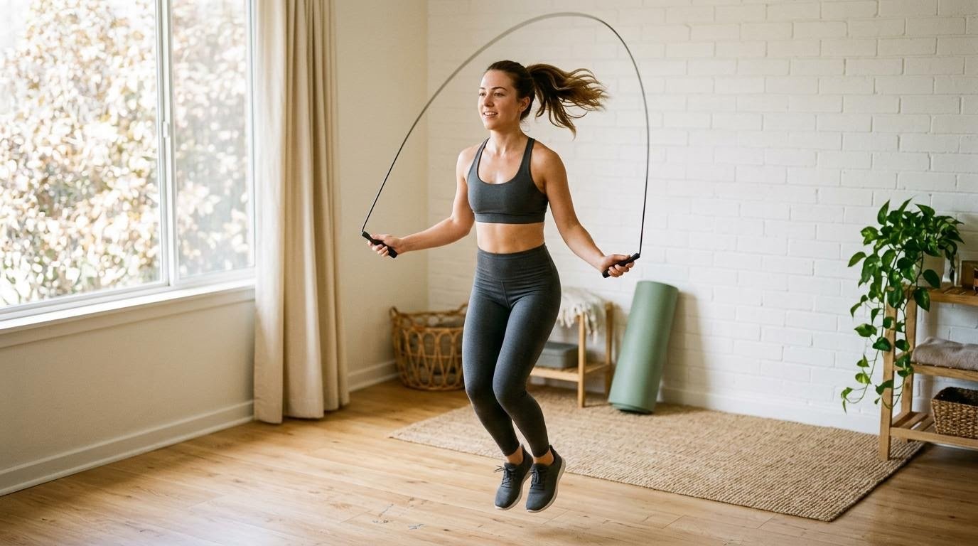 Woman jumping rope in a home workout corner, a low-cost piece of hiit equipment