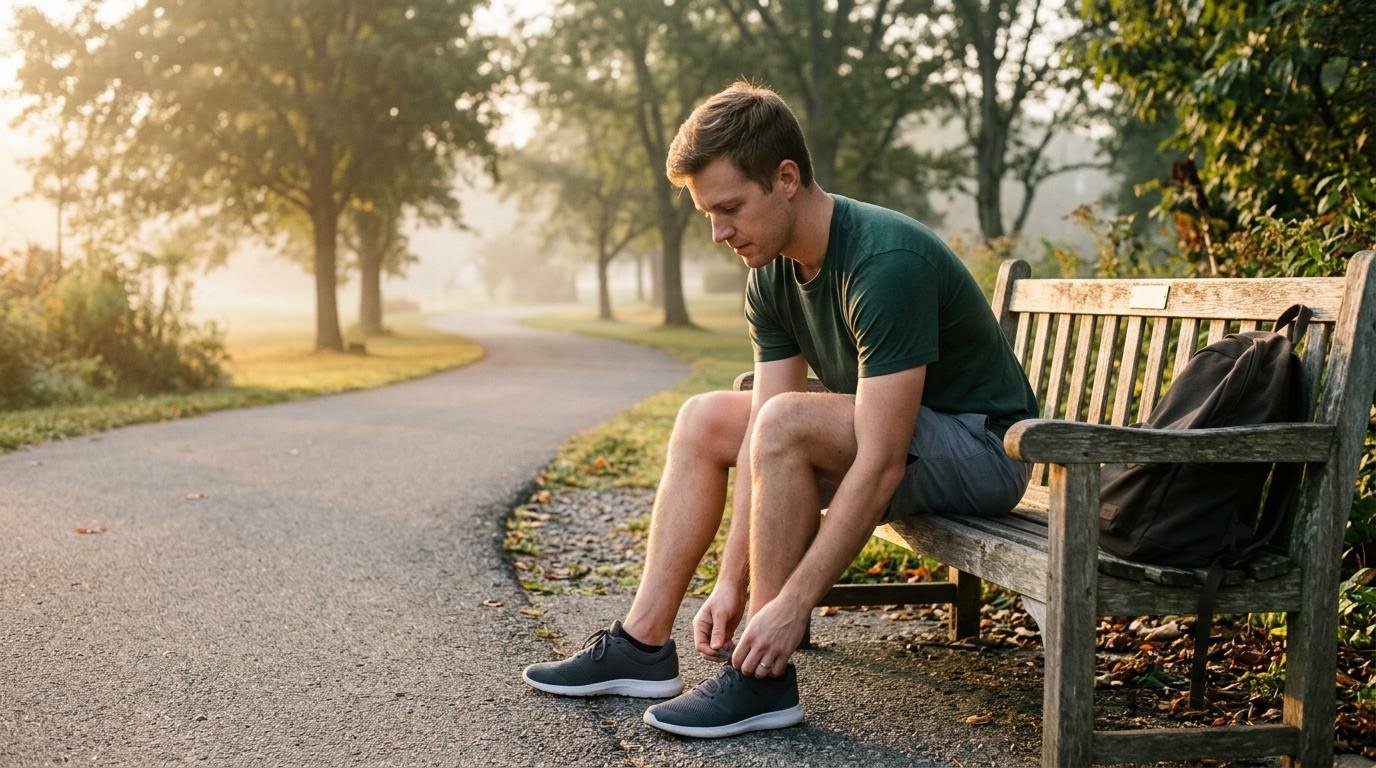 White American man tying running shoes at sunrise to keep his exercise habit after a challenge ends