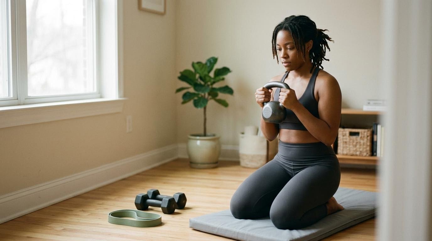 Woman holding a kettlebell with dumbbells and a resistance band on a mat, resistance tools for home HIIT