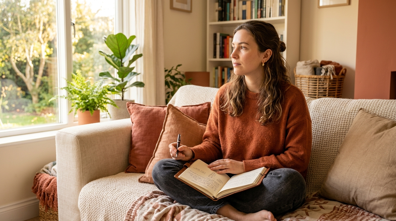 Woman journaling and labeling anxious thoughts as part of a mindfulness practice