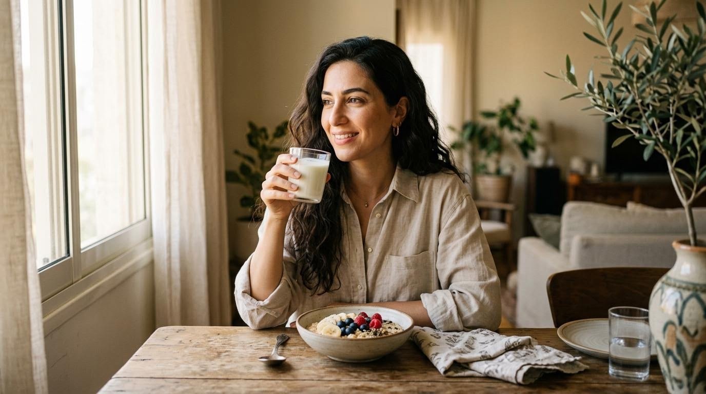 Middle Eastern woman in her early 30s holding a glass of fermented milk drink at a sunlit breakfast table
