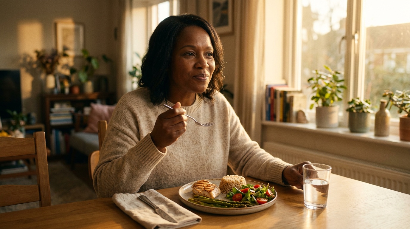 A person confidently eating a small, balanced meal, reflecting a sustainable long-term mindset after bariatric surgery