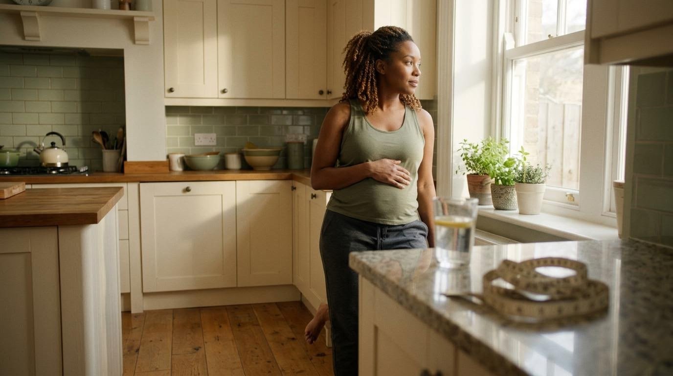 Woman practicing how to lose belly fat without surgery by checking her waist at home