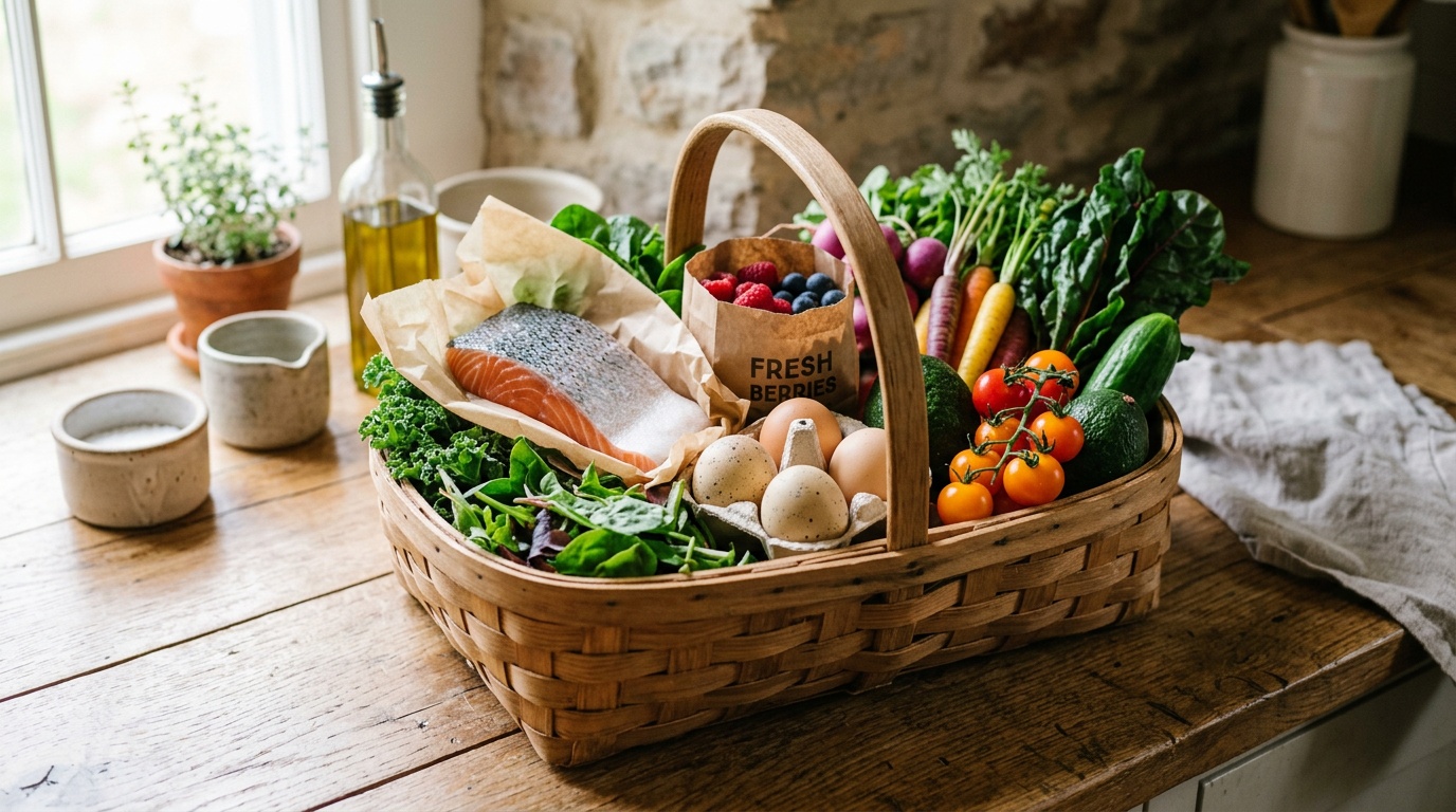 grocery basket of low carb diet plan foods for beginners including vegetables and protein
