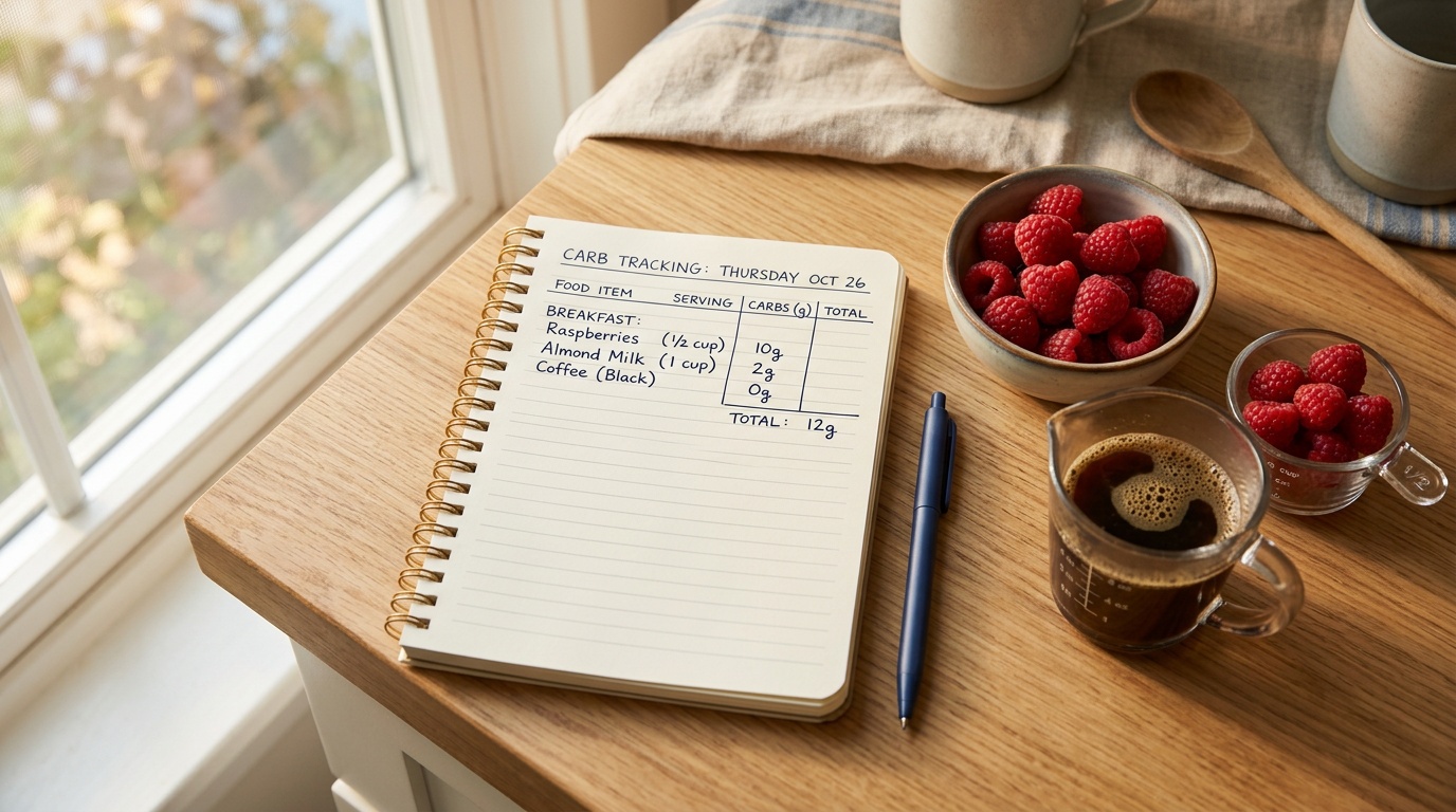low carb diet sheet with carb-tracking notes and fresh raspberries on a kitchen counter