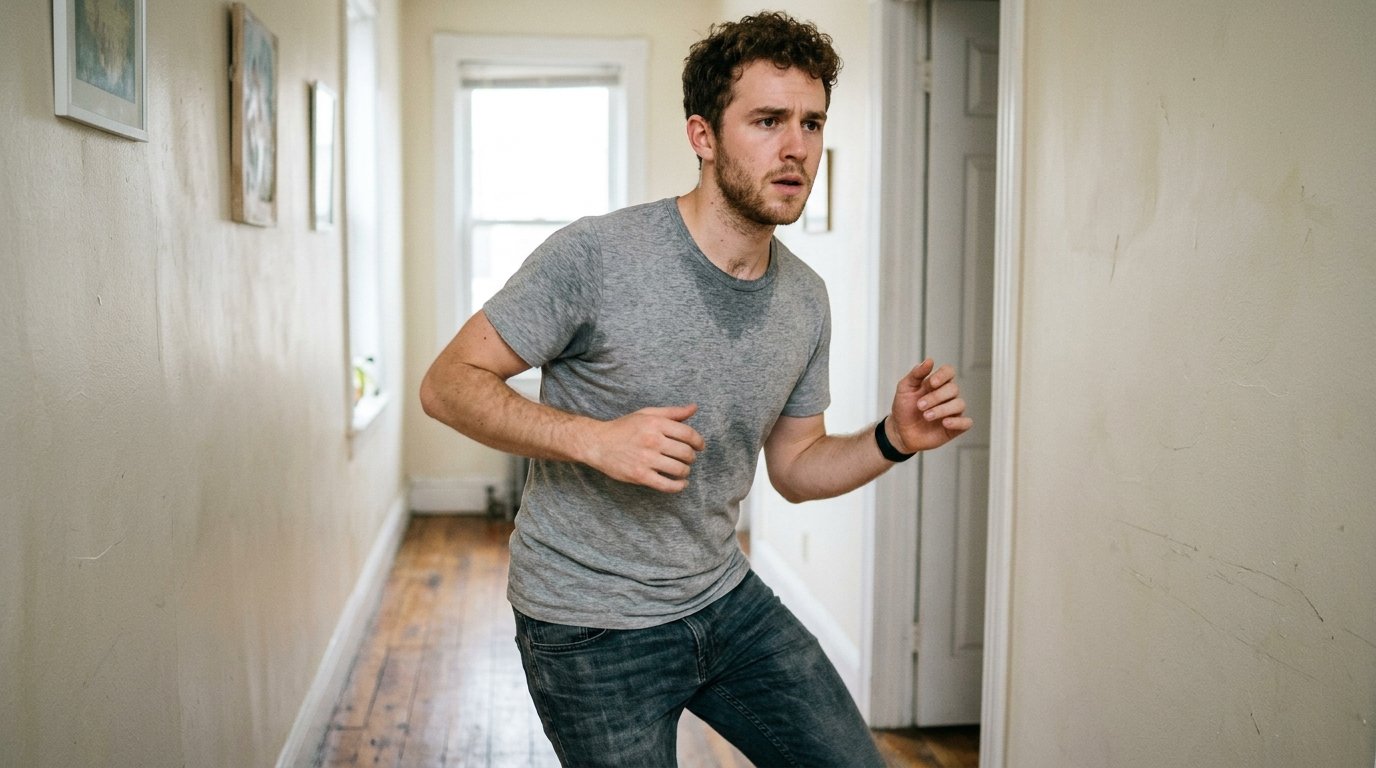 Beginner doing low-impact cardio exercise indoors