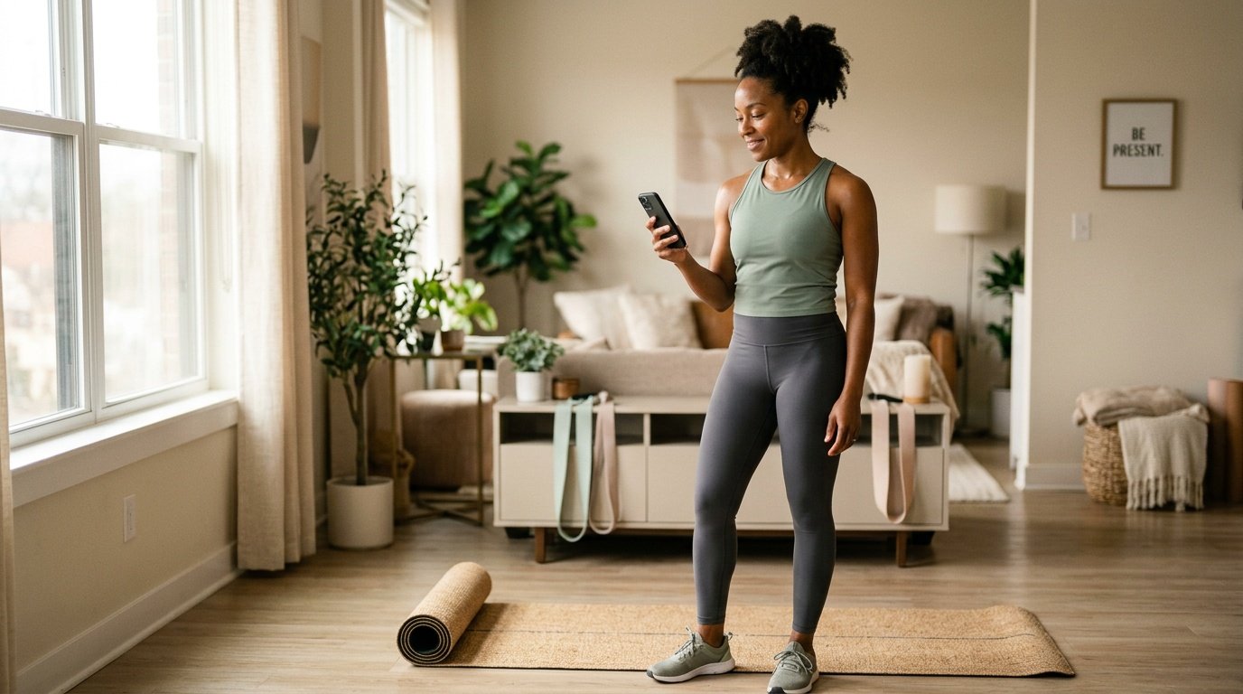 Alert young woman finishing low impact cardio workouts at home, checking the time on her phone