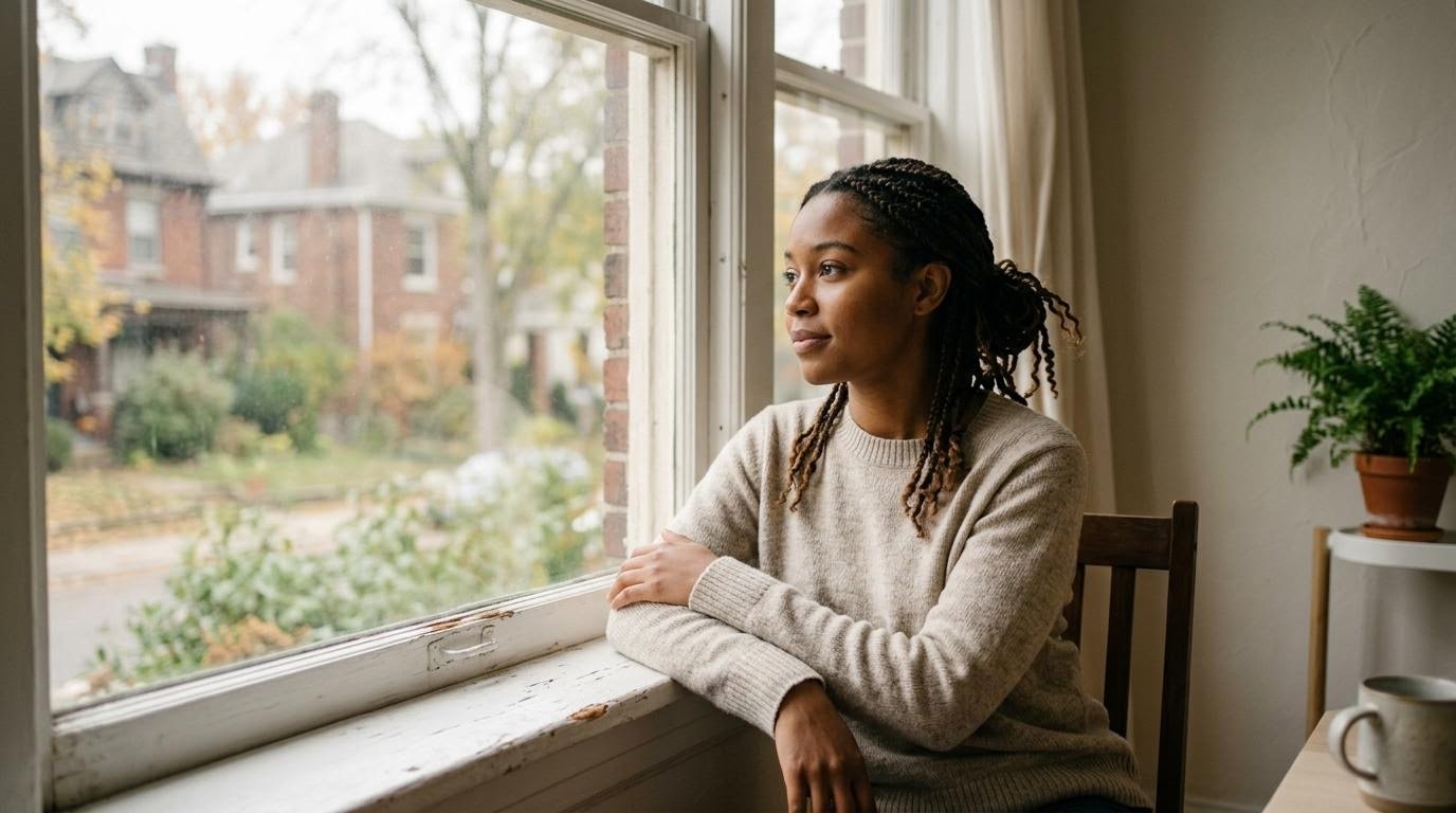 Black American woman in her mid-20s sitting quietly by a window reflecting on early signs of low self esteem