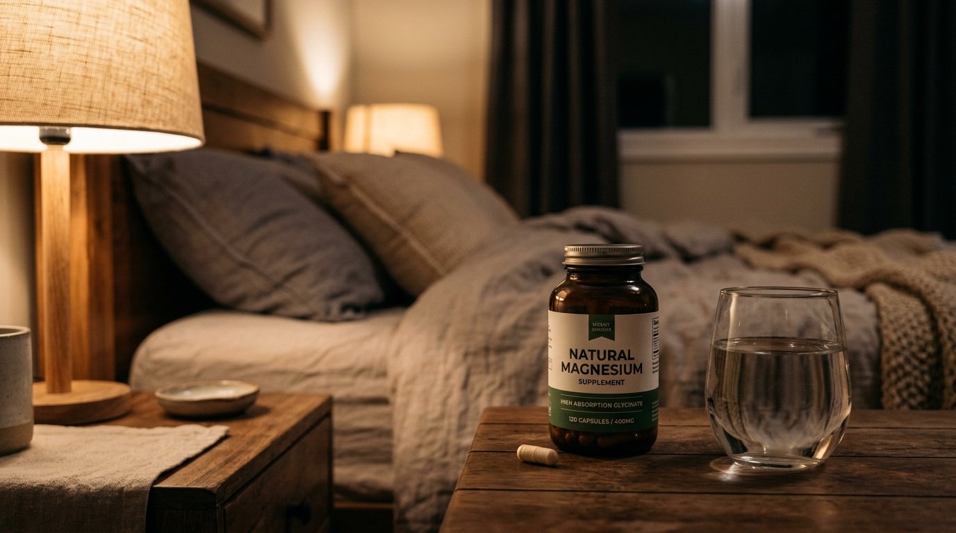 magnesium supplement placed beside a glass of water as part of an evening wind-down routine
