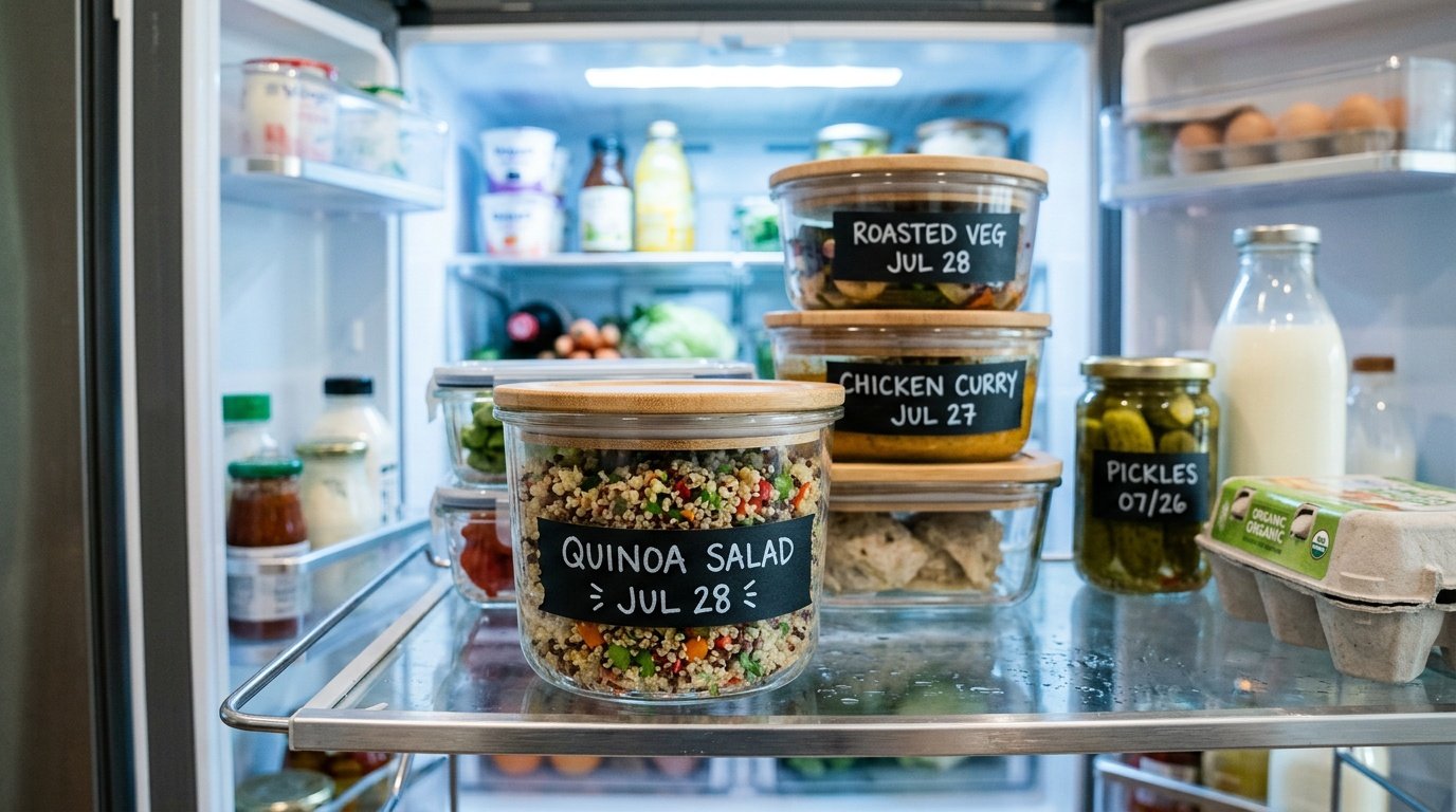 Labeled meal prep containers organized in a refrigerator and freezer