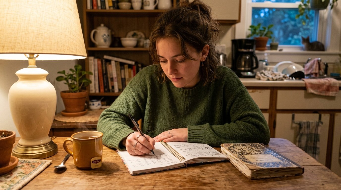 person journaling as part of a mental-health-first daily routine, prioritizing mental health during a busy week