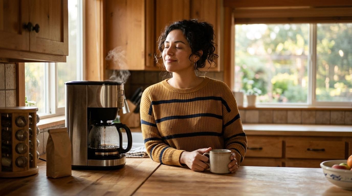 woman pausing during her morning coffee routine, an example of attaching mental health practices to an existing habit