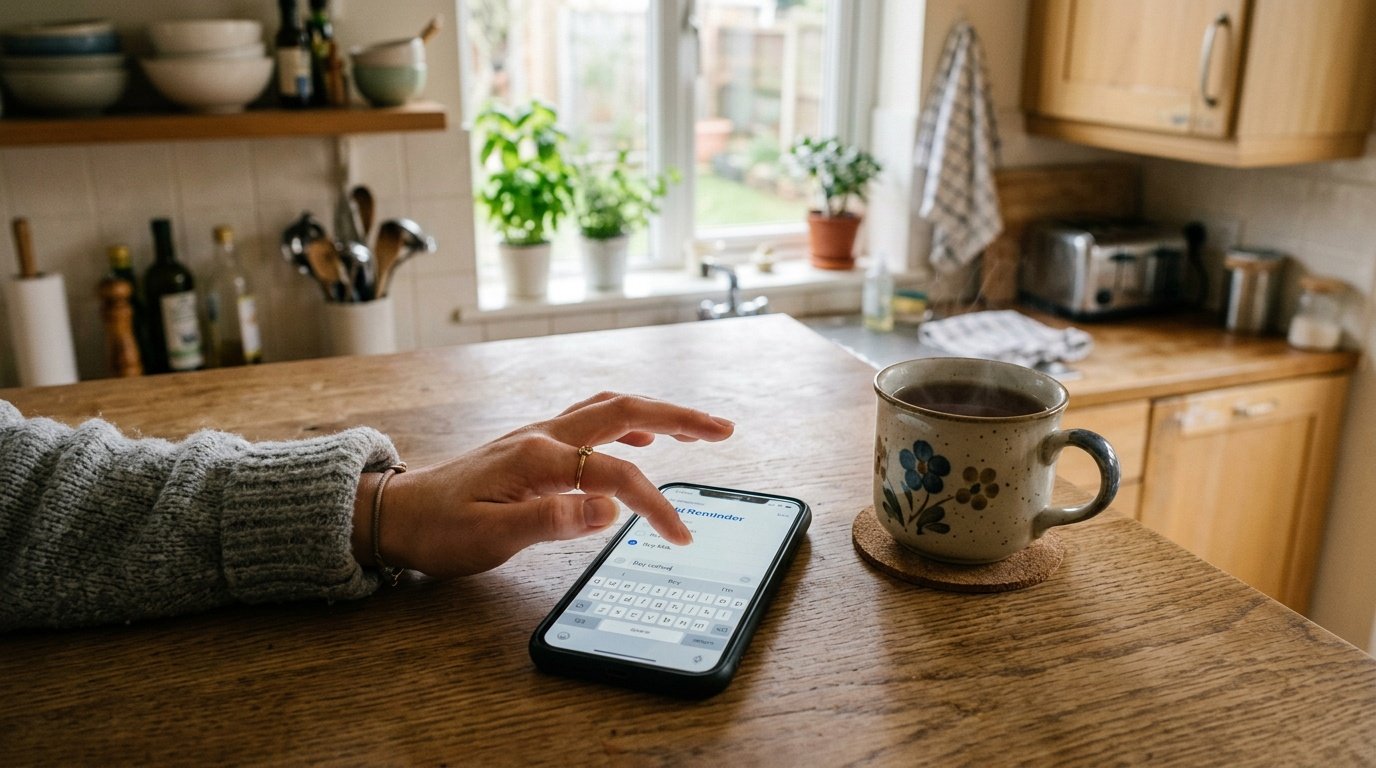 person setting a habit reminder on their phone next to a cup of tea, building a mental health practices routine