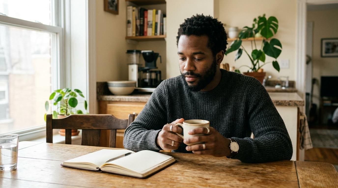young man practicing mental health practices by journaling calmly at a sunlit kitchen table