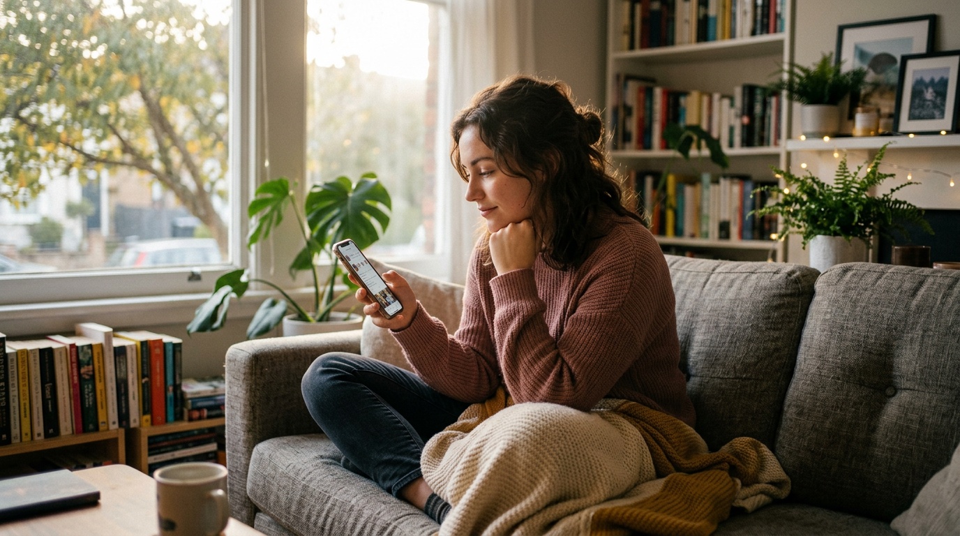 young woman looking at her phone with a thoughtful expression, comparing her routine to others' mental health practices