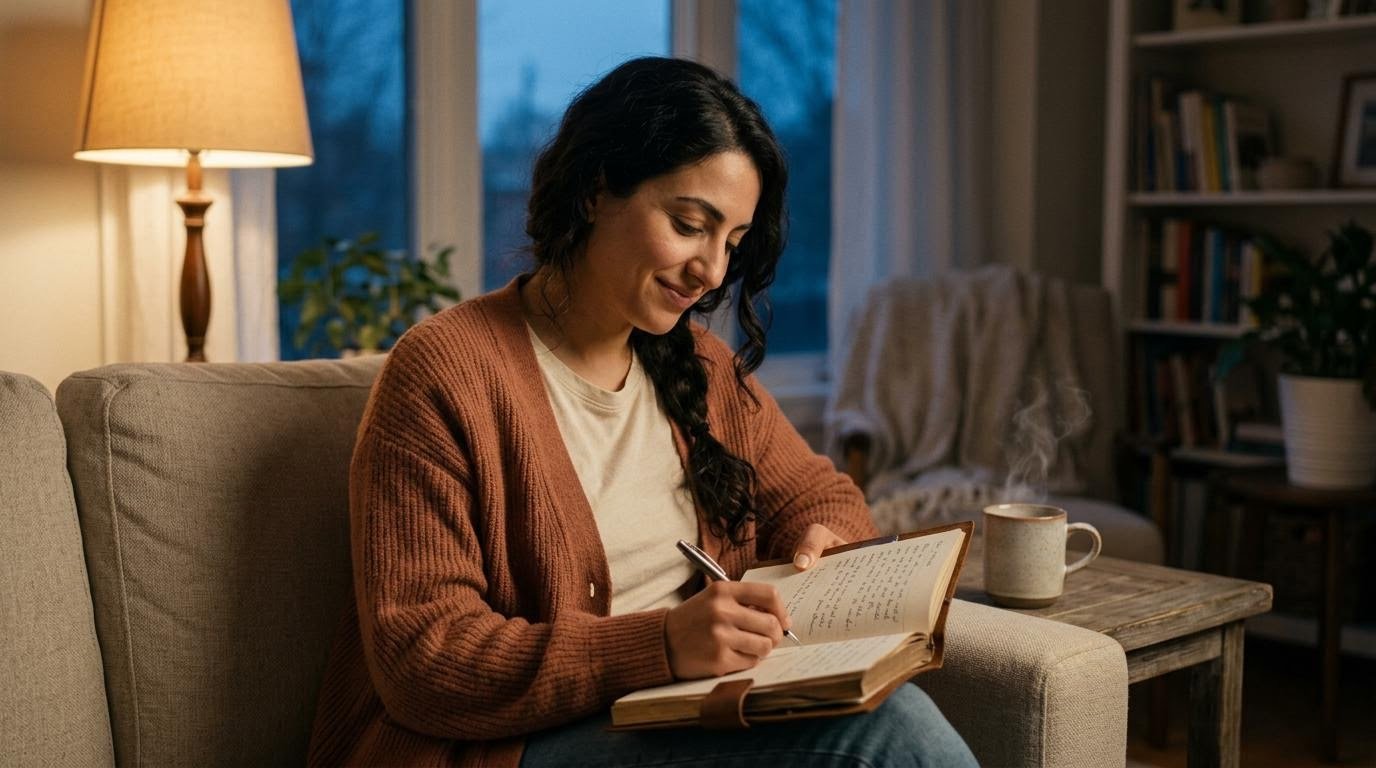 woman journaling her weekly progress in the evening to keep her calorie plan on track