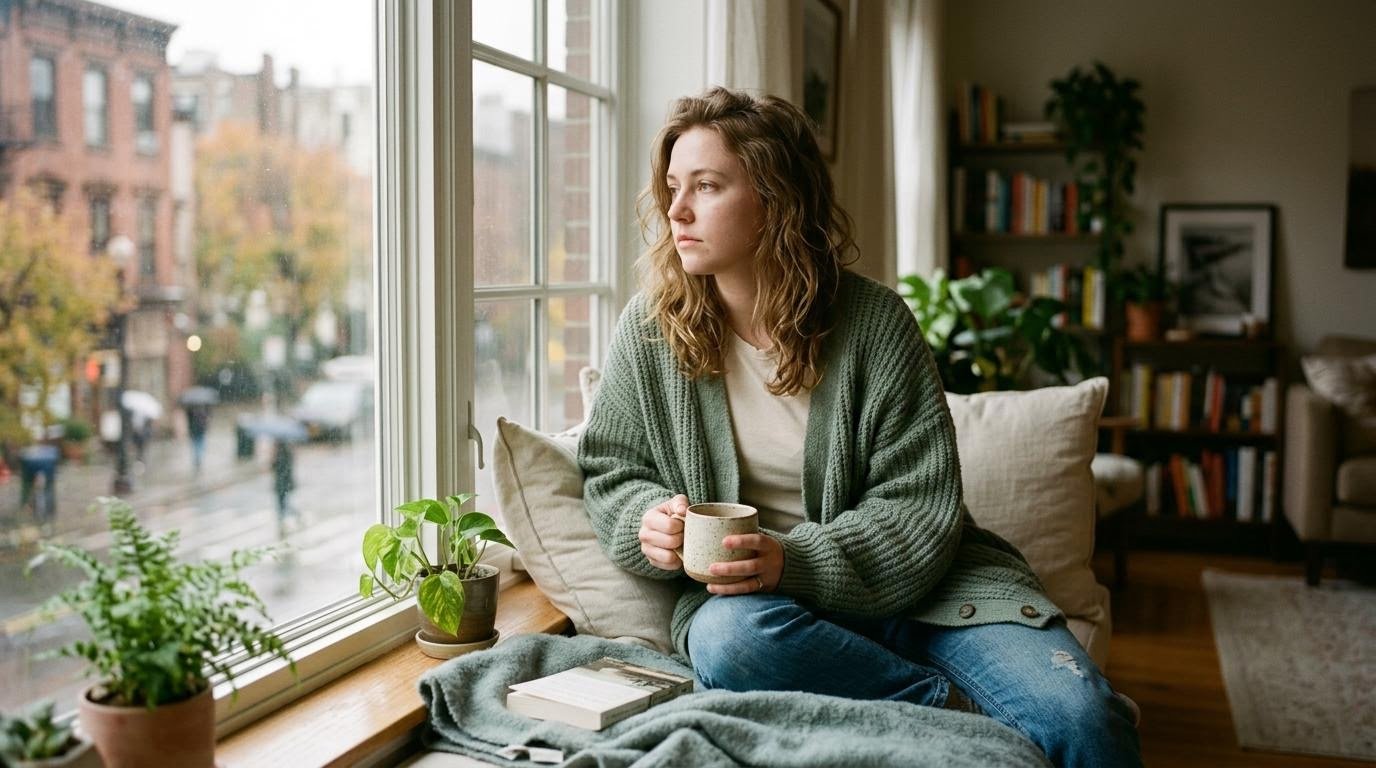 Young woman noticing mild symptoms of depression while sitting by a window with a cup of tea