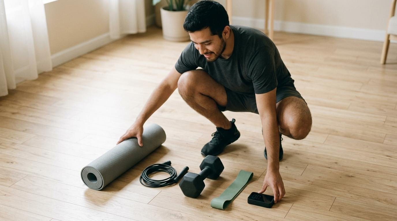 Man arranging a minimal home HIIT kit of mat, jump rope, dumbbell, band and timer in buying order