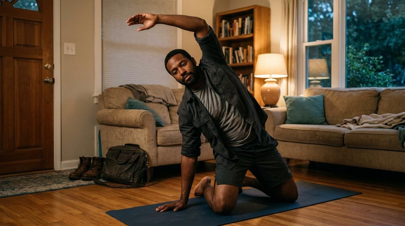 Man stretching on a living room mat after work as a short backup workout