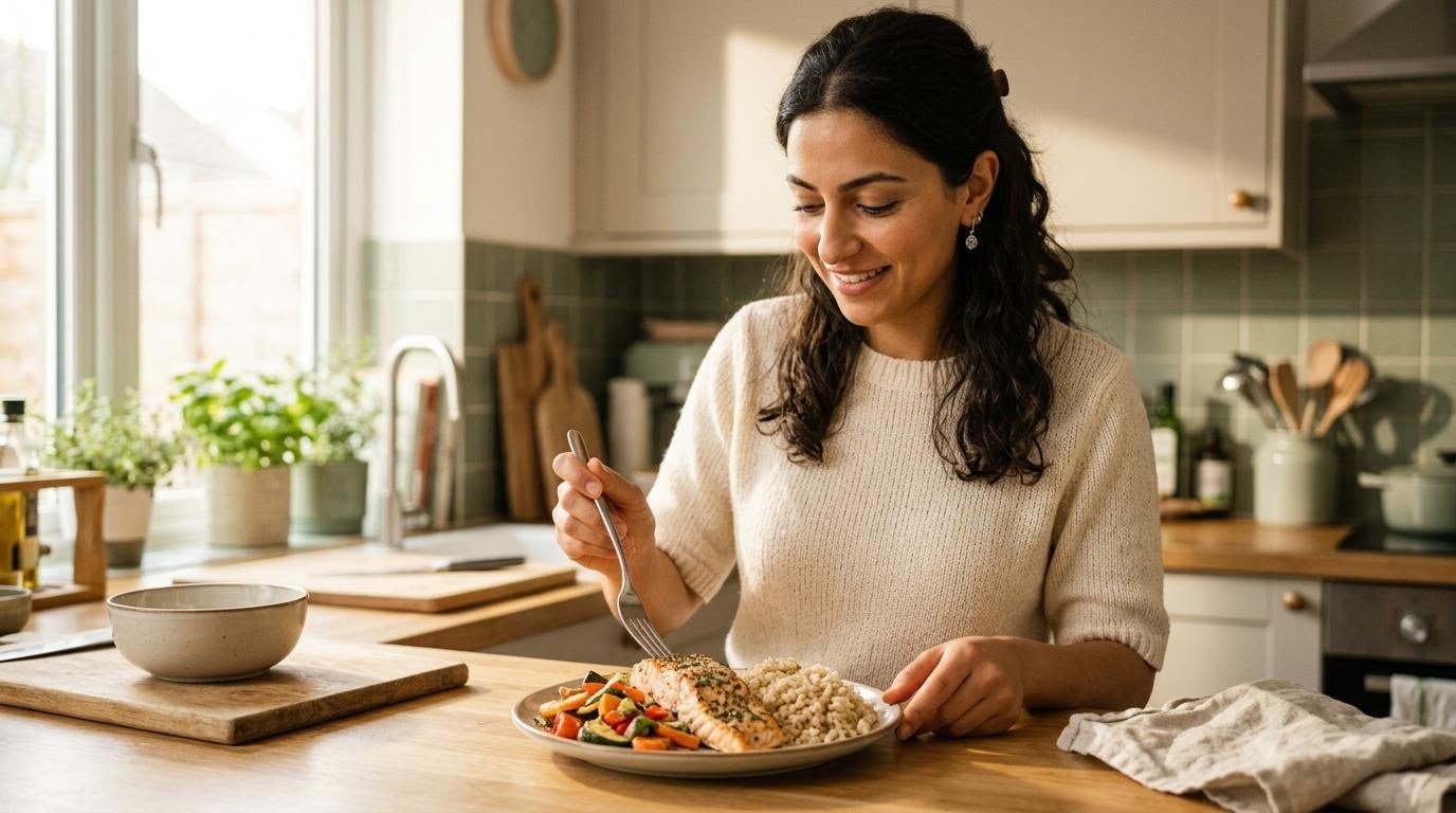 A Middle Eastern woman portioning a balanced dinner plate for a moderate calorie deficit