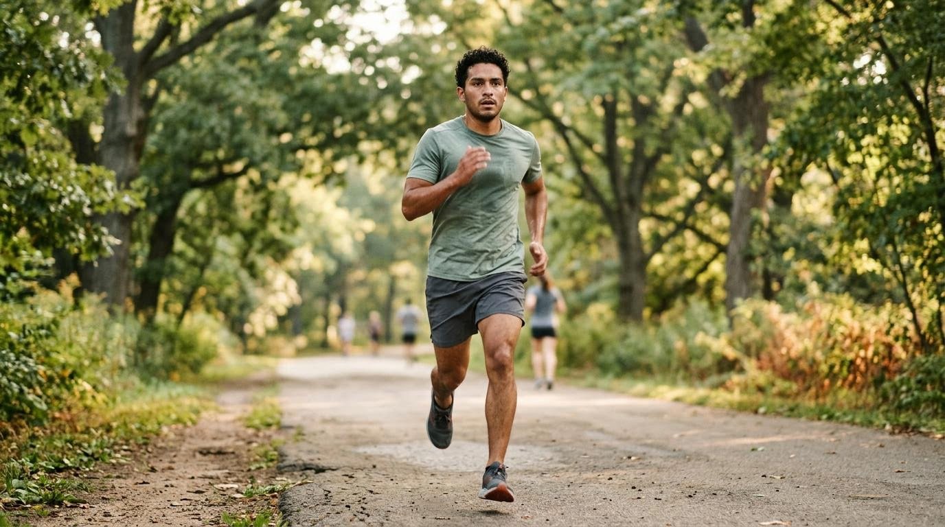 Hispanic man running at a hard pace on a tree-lined park path, a cardio option for belly fat